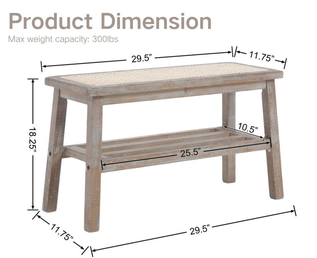 30 Inch Rattan Wooden Entryway Bench with Shoe Rack Y4470