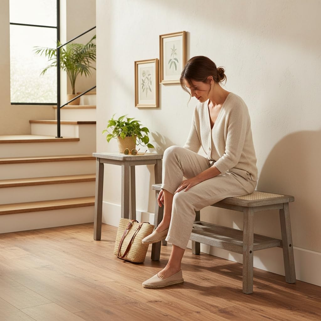 30 Inch Rattan Wooden Entryway Bench with Shoe Rack Y4470