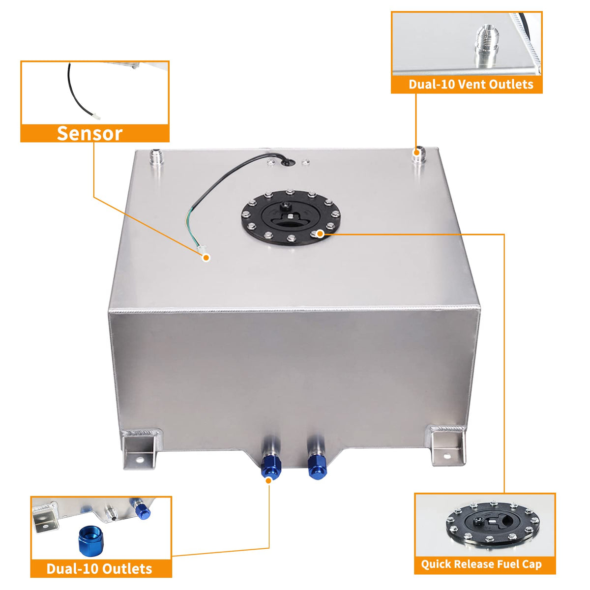 5 Gallon 20L Polished Aluminum Fuel Cell Tank with Cap and Level Sender I6342