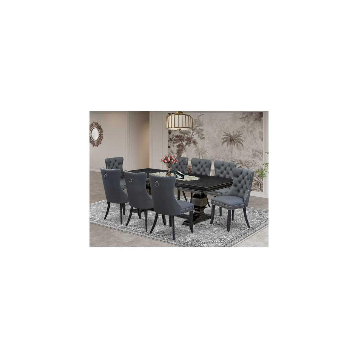 9 Piece Dining Table Set with 8 Faux Leather Chairs Q479