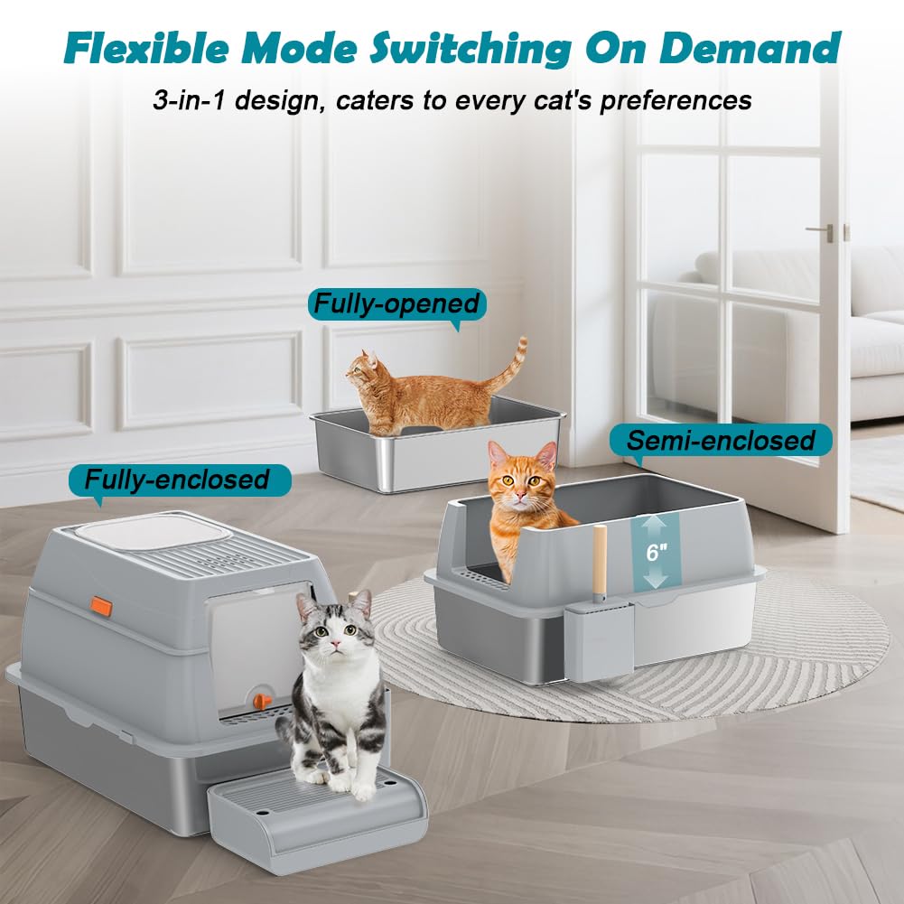 XL Stainless Steel Litter Box with Lid H129