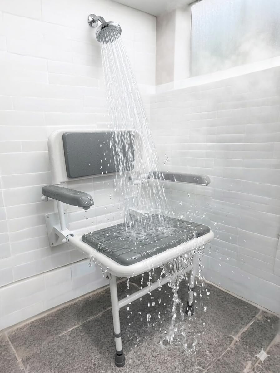 Wall Mounted Foldable Shower Seat with Folding Padded Arms, Back & Seat, Adjustable Height M949