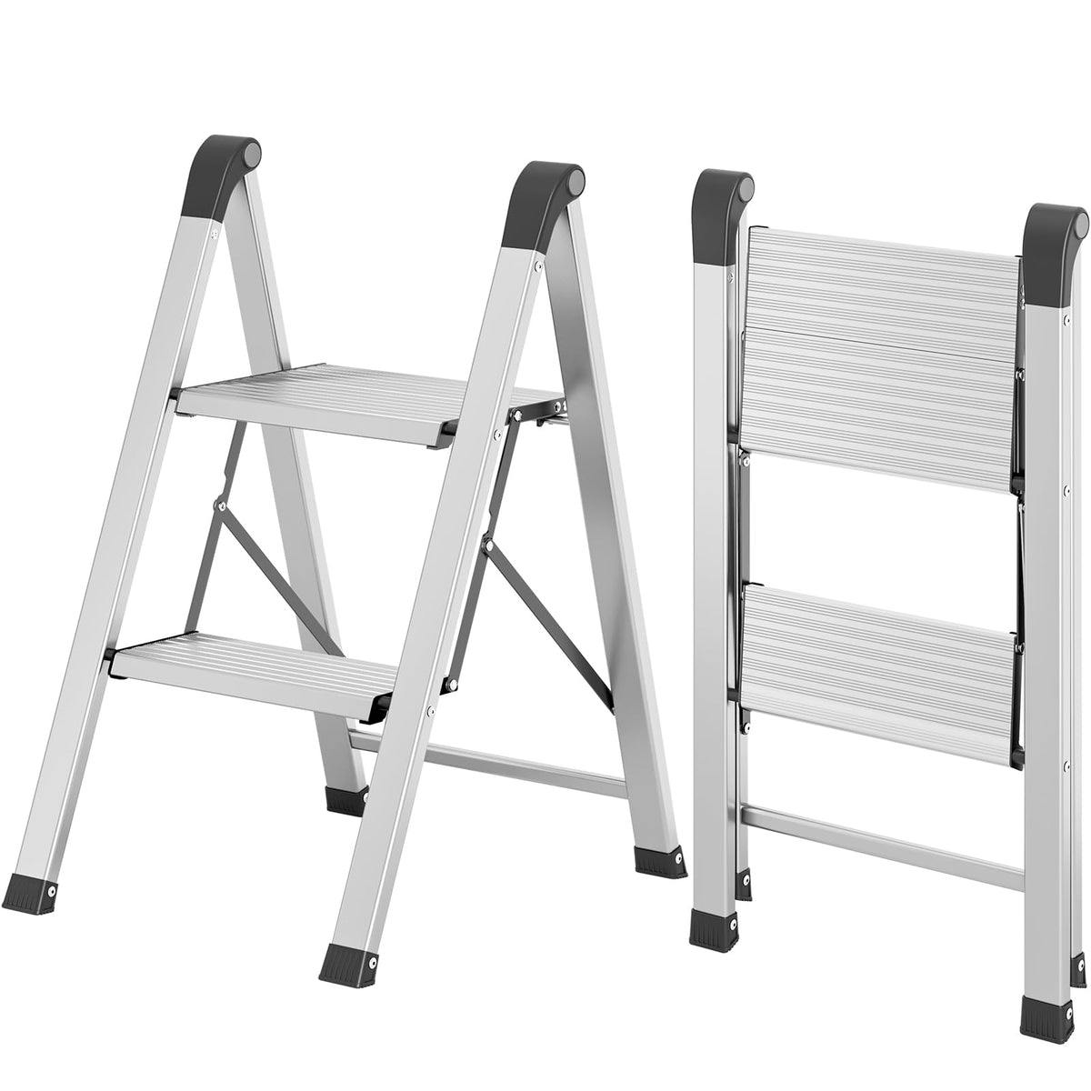 2 Step Aluminum Foldable Step Ladders 330lb Silver L44030