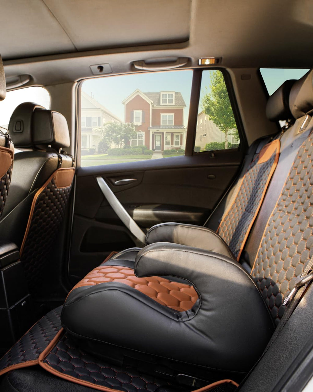 Black-Brown Backless Booster Seat, Waterproof Leather Seat Protector & Kick Mat Set O5351