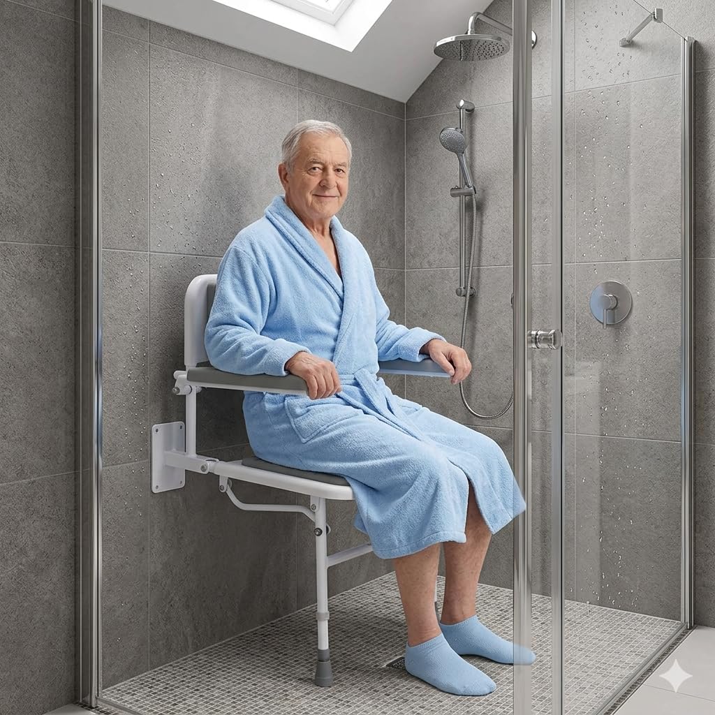 Wall Mounted Foldable Shower Seat with Folding Padded Arms, Back & Seat, Adjustable Height M949