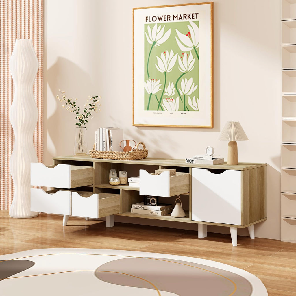 White TV Stand with 4 Drawers and 2 Open Shelves X7513