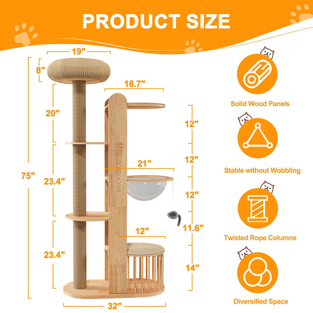 Solid Wooden Cat Tree Tower with Scratching Post F63707
