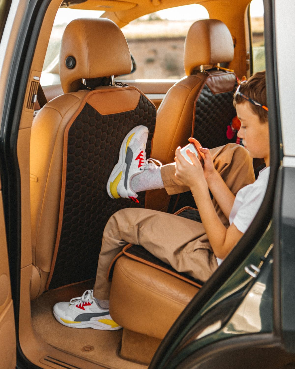 Black-Brown Backless Booster Seat, Waterproof Leather Seat Protector & Kick Mat Set O5351
