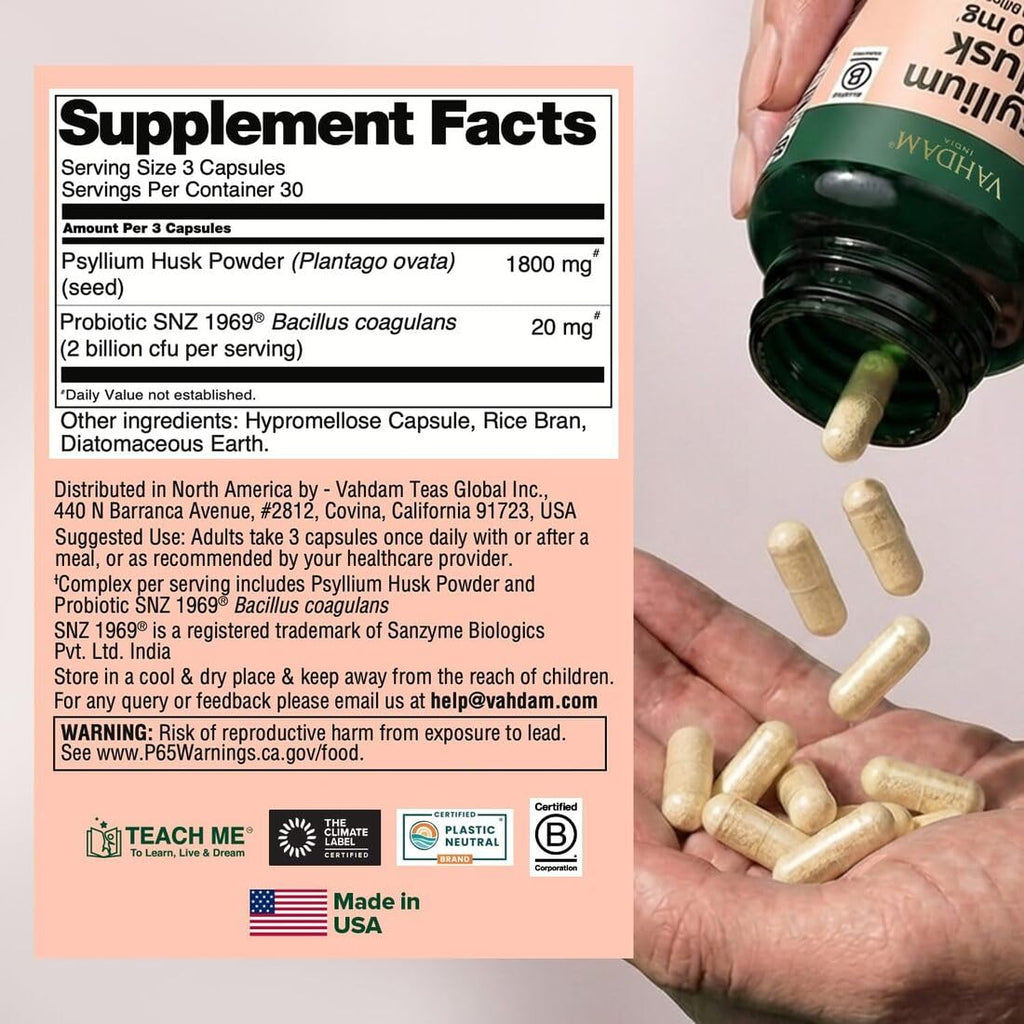 Psyllium Husk Capsules 1800 mg with Probiotics 90 Veggie Capsules A175495