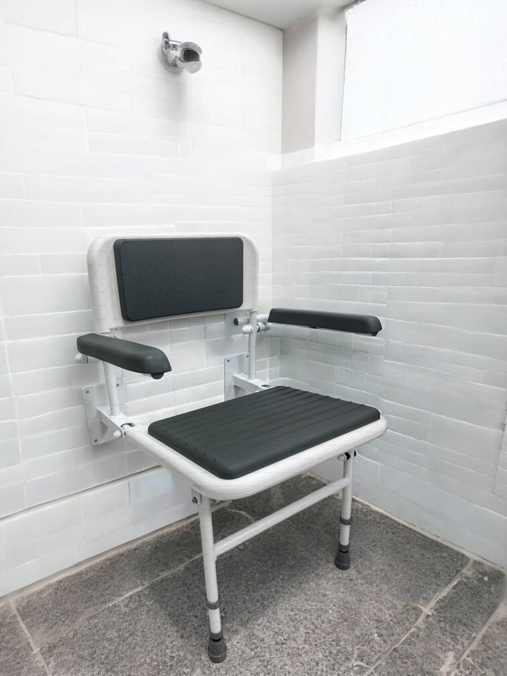 Wall Mounted Foldable Shower Seat with Folding Padded Arms, Back & Seat, Adjustable Height M949