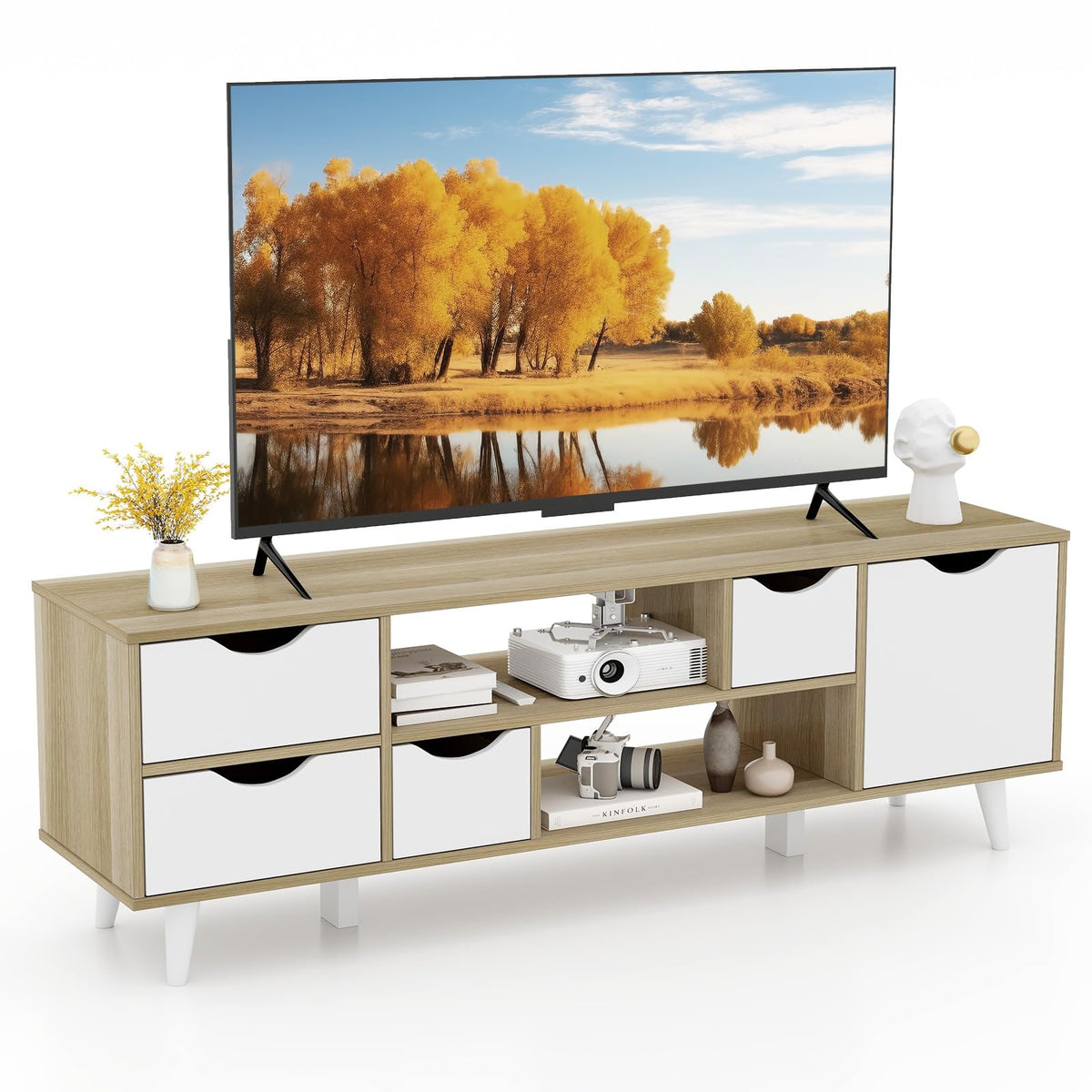 White TV Stand with 4 Drawers and 2 Open Shelves X7513