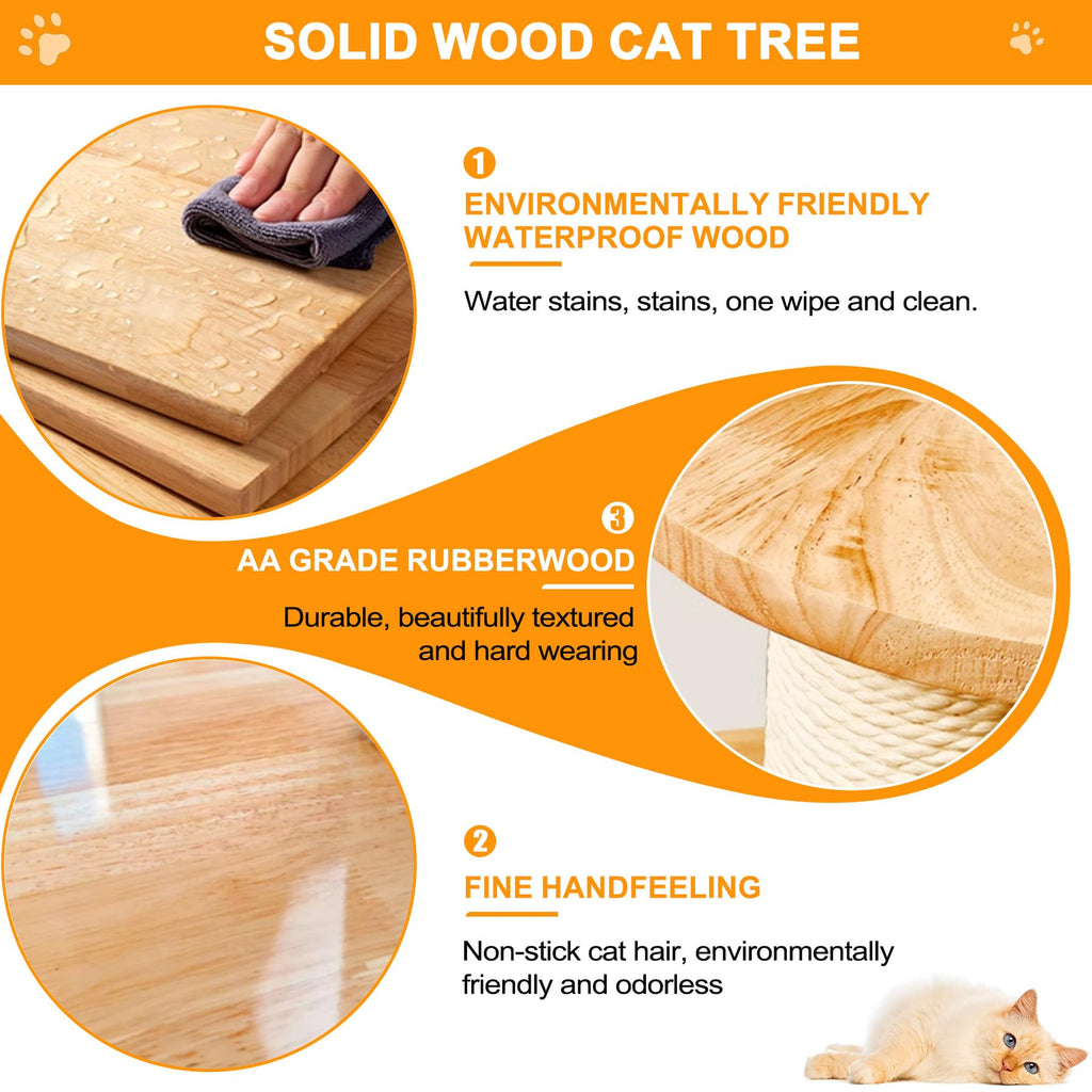 Solid Wooden Cat Tree Tower with Scratching Post F63707