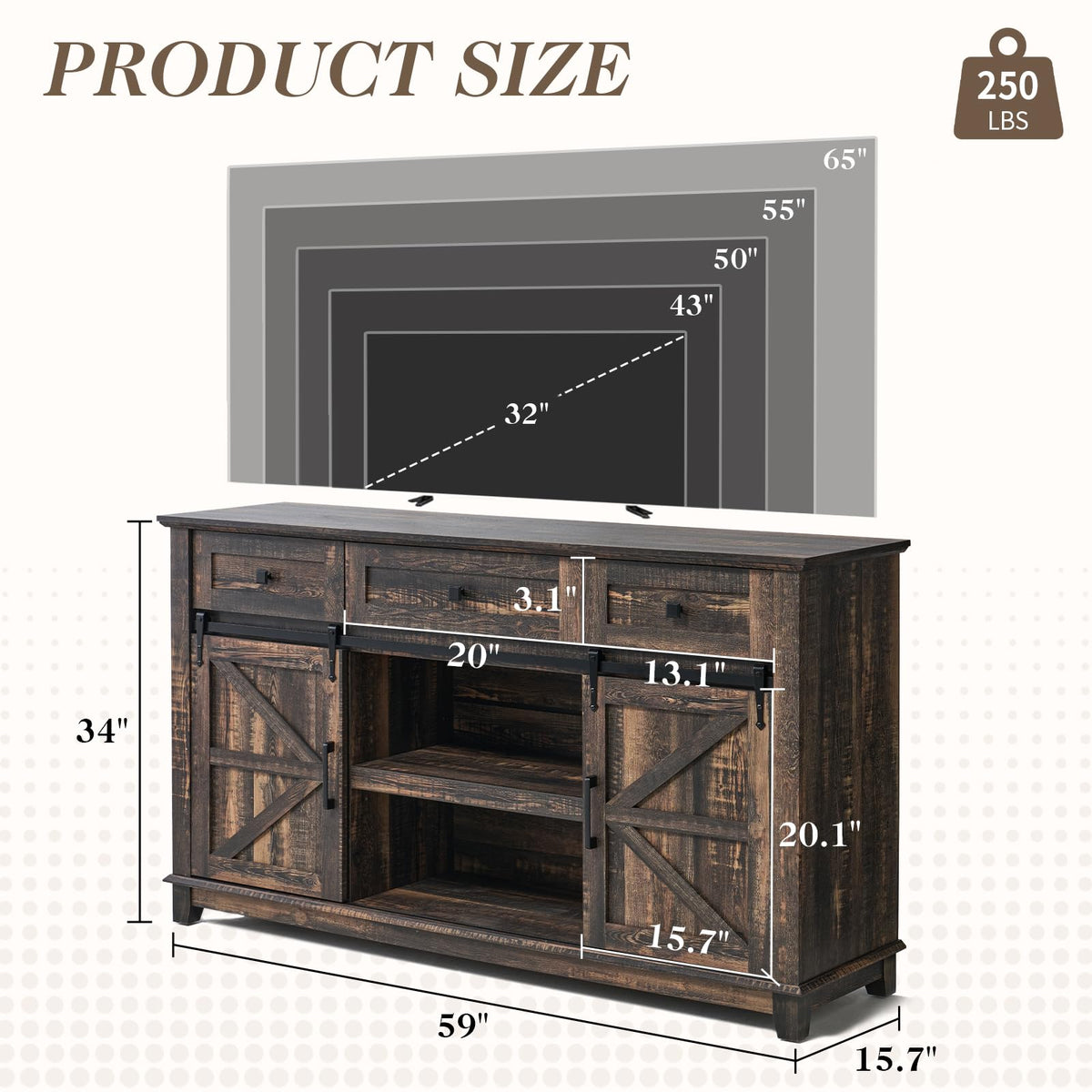 59" Dark Rustic Oak Farmhouse TV Stand with Storage Drawers N64123
