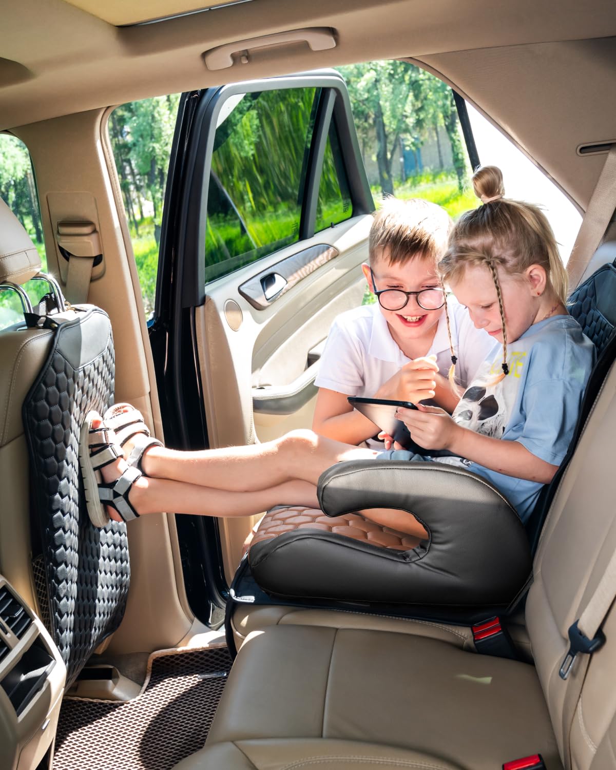 Black-Brown Backless Booster Seat, Waterproof Leather Seat Protector & Kick Mat Set O5351
