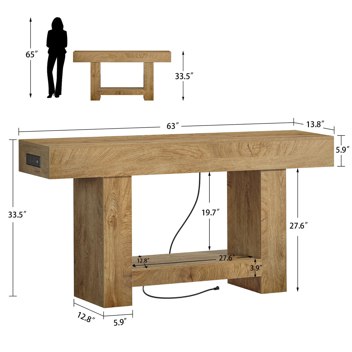 63" Entryway Table with Smart RGB Lights and Charging Station T4777