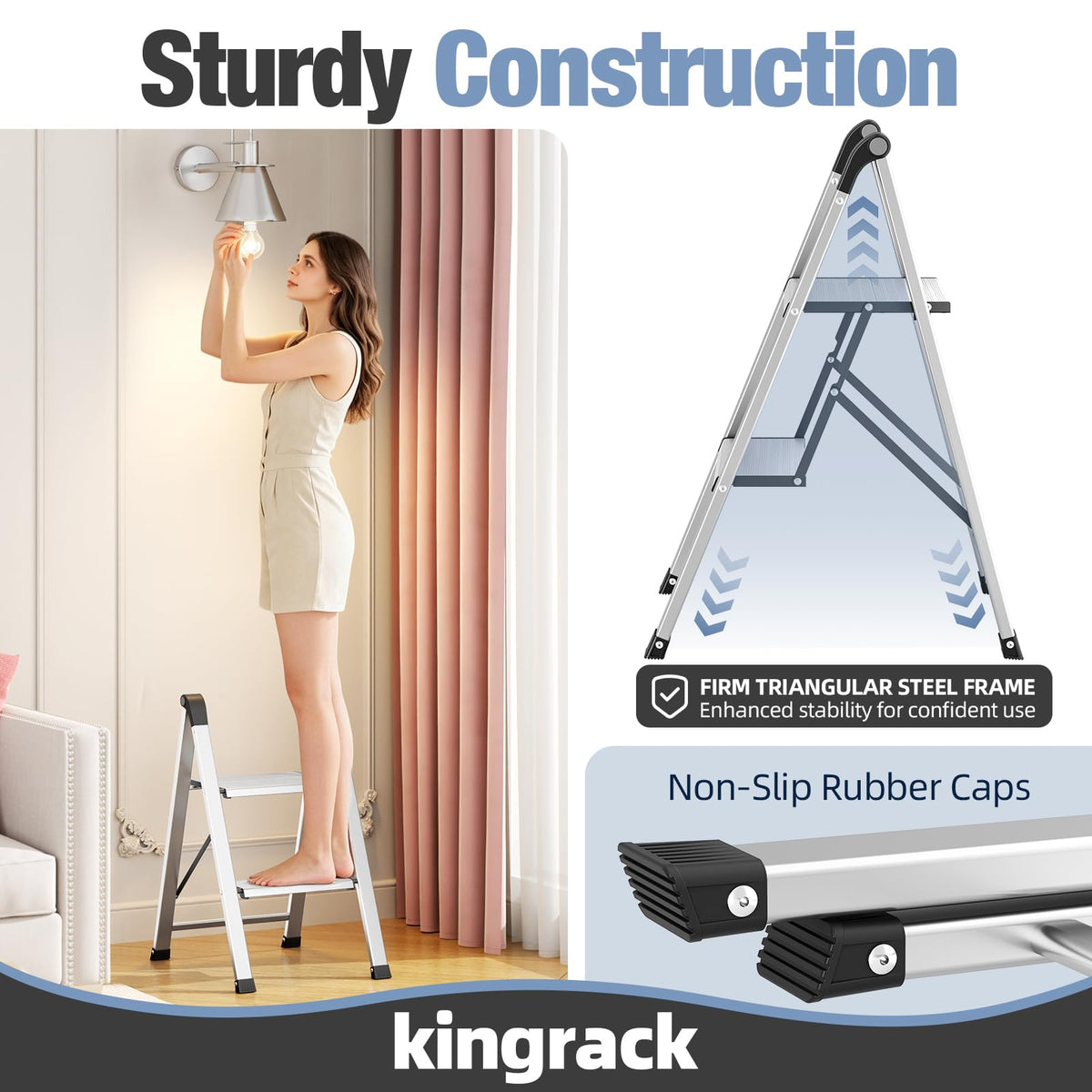 2 Step Aluminum Foldable Step Ladders 330lb Silver L44030