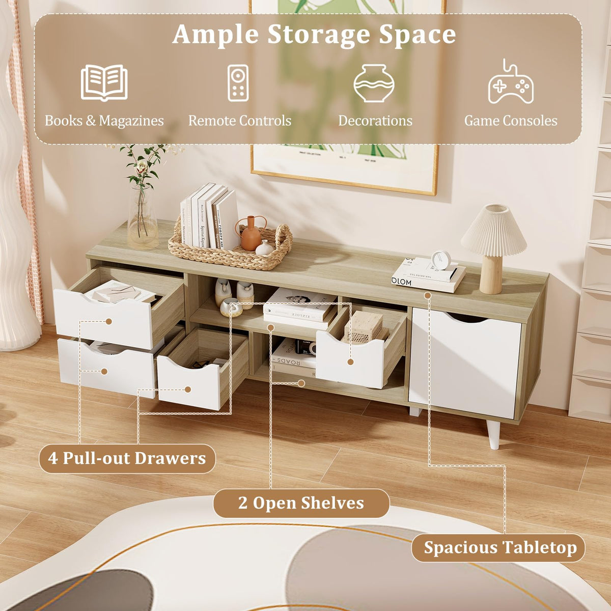 White TV Stand with 4 Drawers and 2 Open Shelves X7513