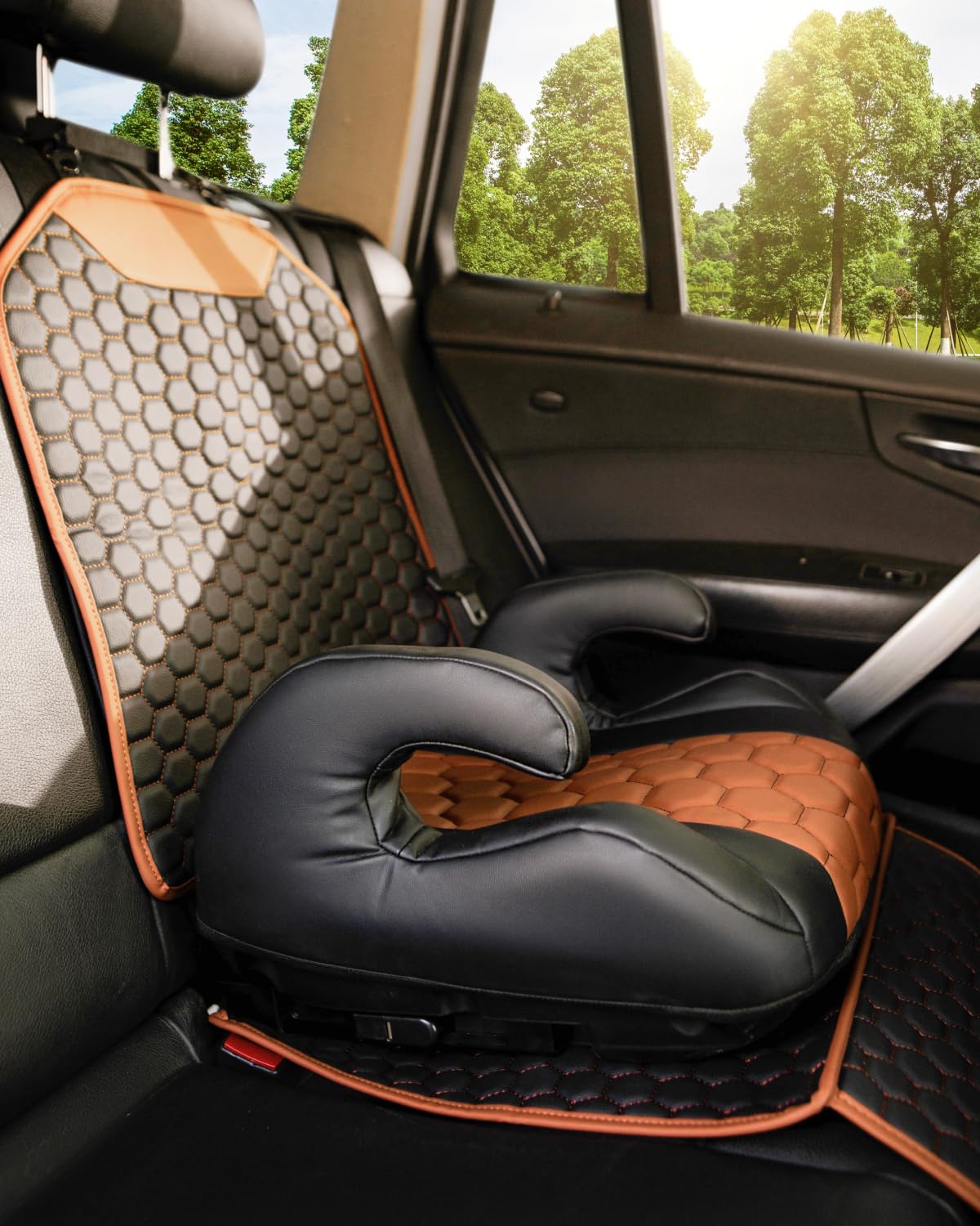 Black-Brown Backless Booster Seat, Waterproof Leather Seat Protector & Kick Mat Set O5351