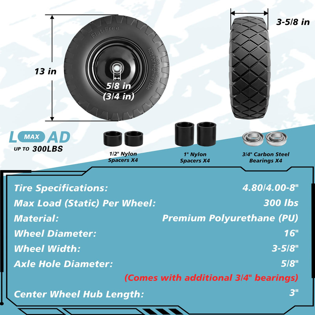 16" Flat Free Solid Rubber Wheelbarrow Wheels, 2 Pack U456878