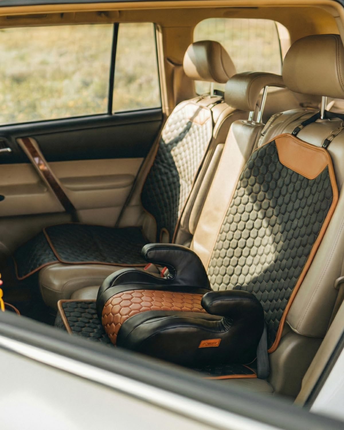 Black-Brown Backless Booster Seat, Waterproof Leather Seat Protector & Kick Mat Set O5351
