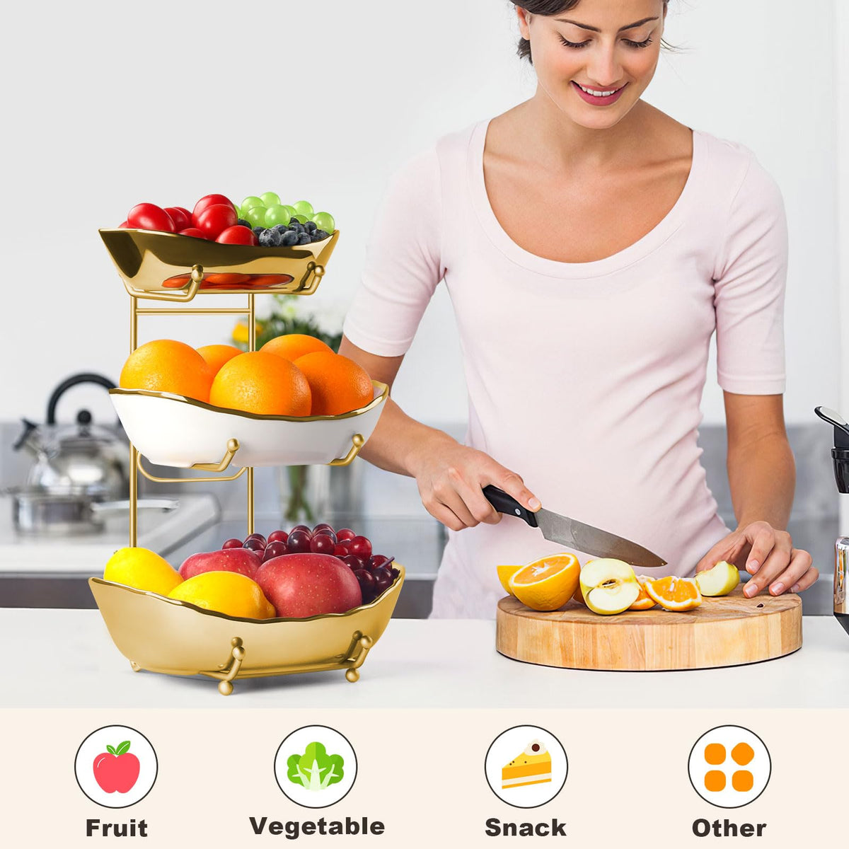 3 Tier Ceramic Fruit Bowl with Metal Stand W643565