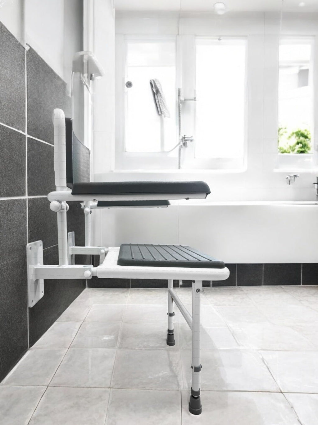 Wall Mounted Foldable Shower Seat with Folding Padded Arms, Back & Seat, Adjustable Height M949
