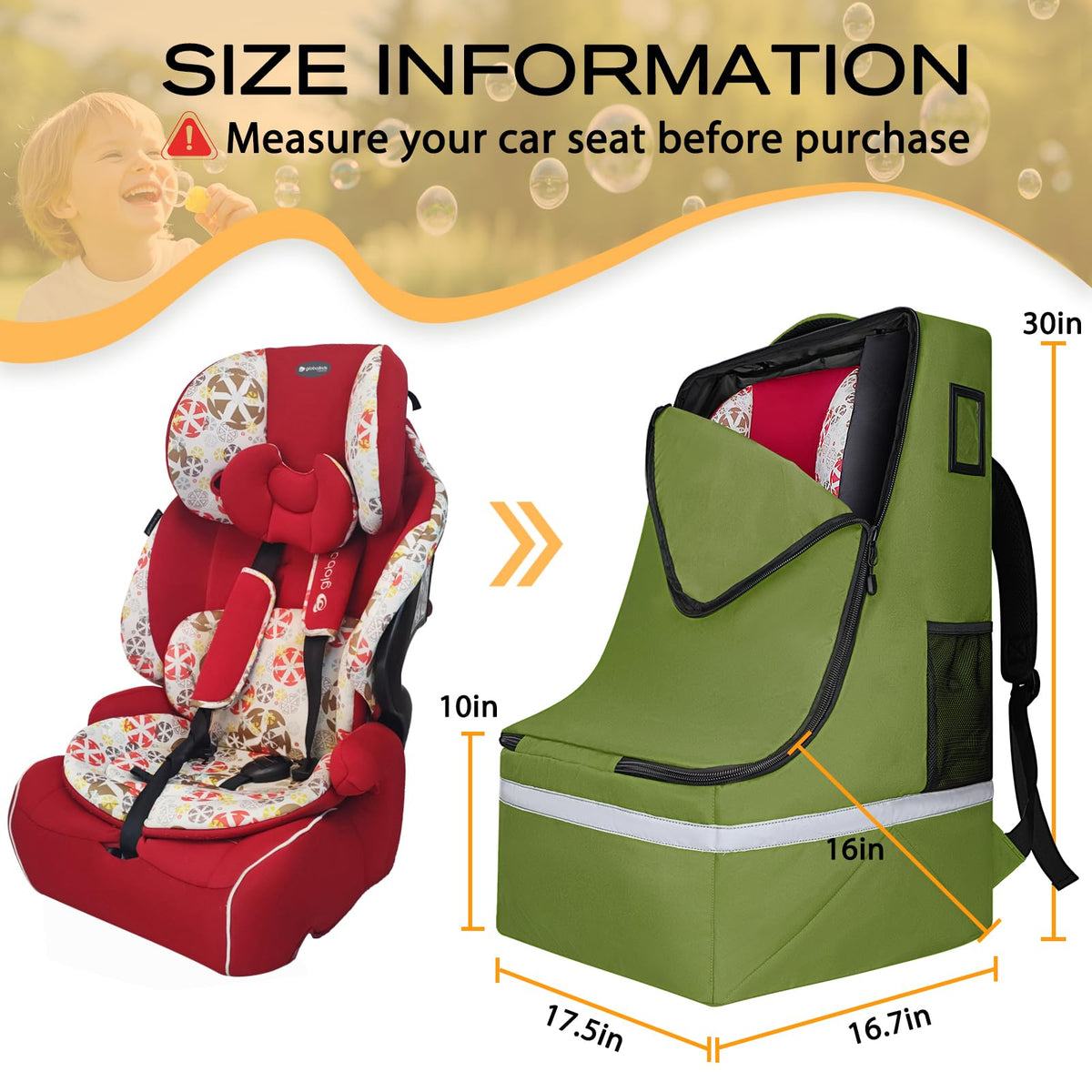 Green Padded Car Seat Travel Bag with Waist Belt U8225