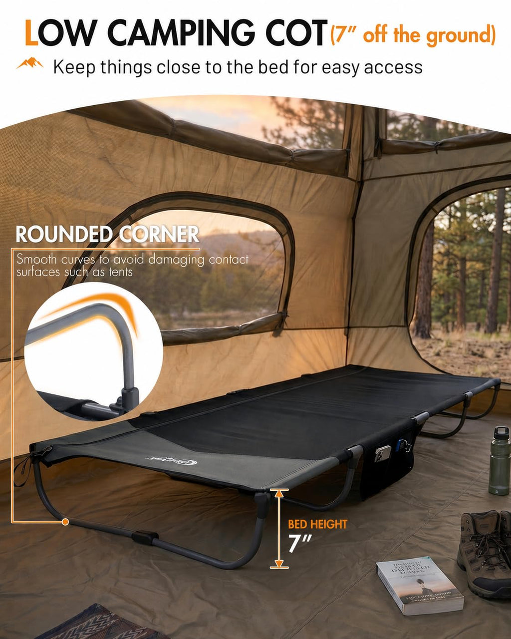 Ultra-Light 7.1 lbs Foldable Camping Cot with Side Pocket A248