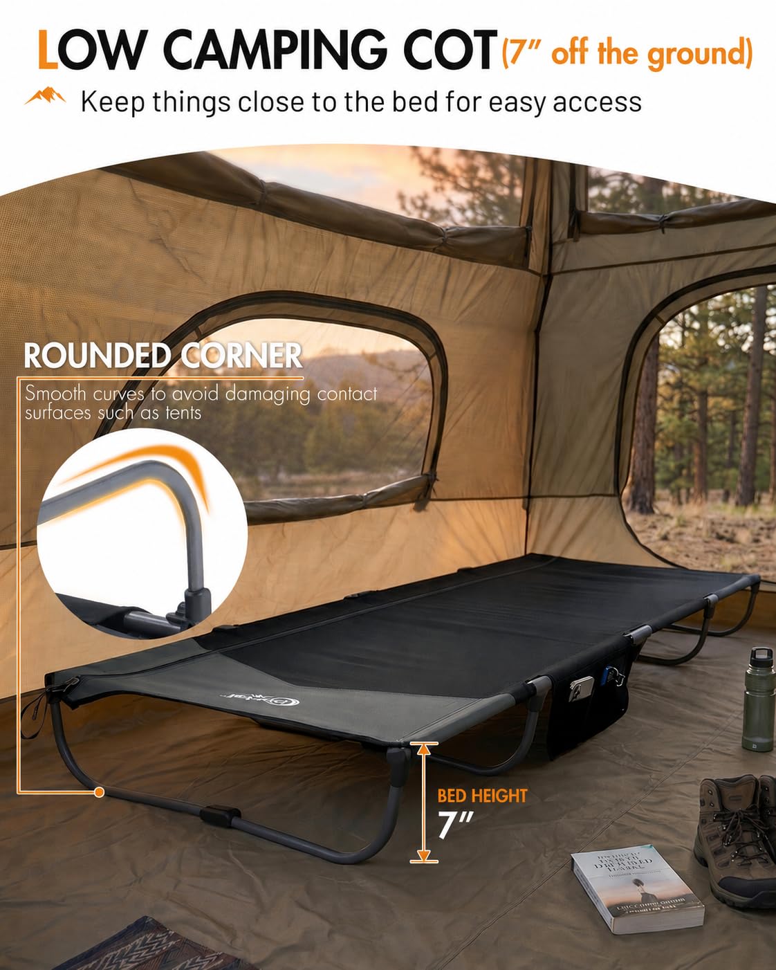 Ultra-Light 7.1 lbs Foldable Camping Cot with Side Pocket A248