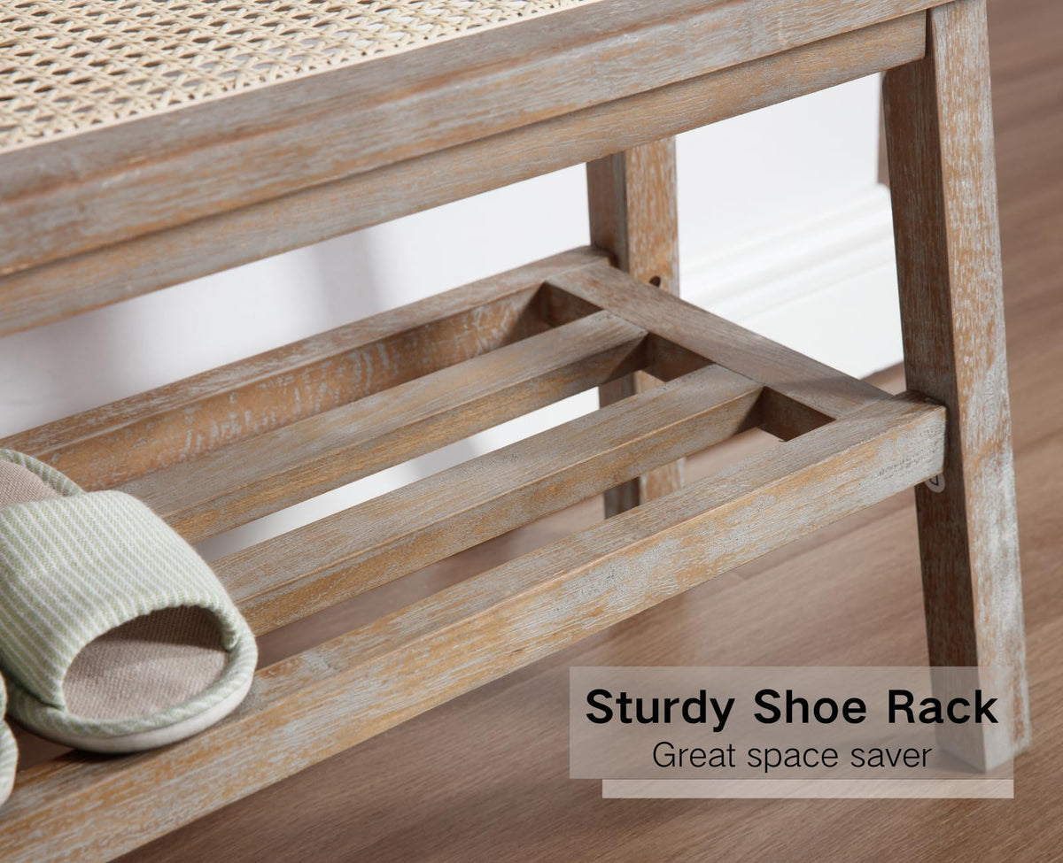 30 Inch Rattan Wooden Entryway Bench with Shoe Rack Y4470