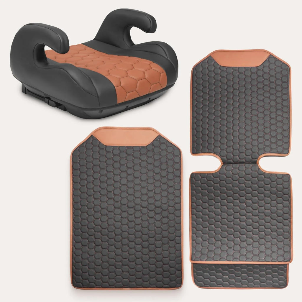 Black-Brown Backless Booster Seat, Waterproof Leather Seat Protector & Kick Mat Set O5351