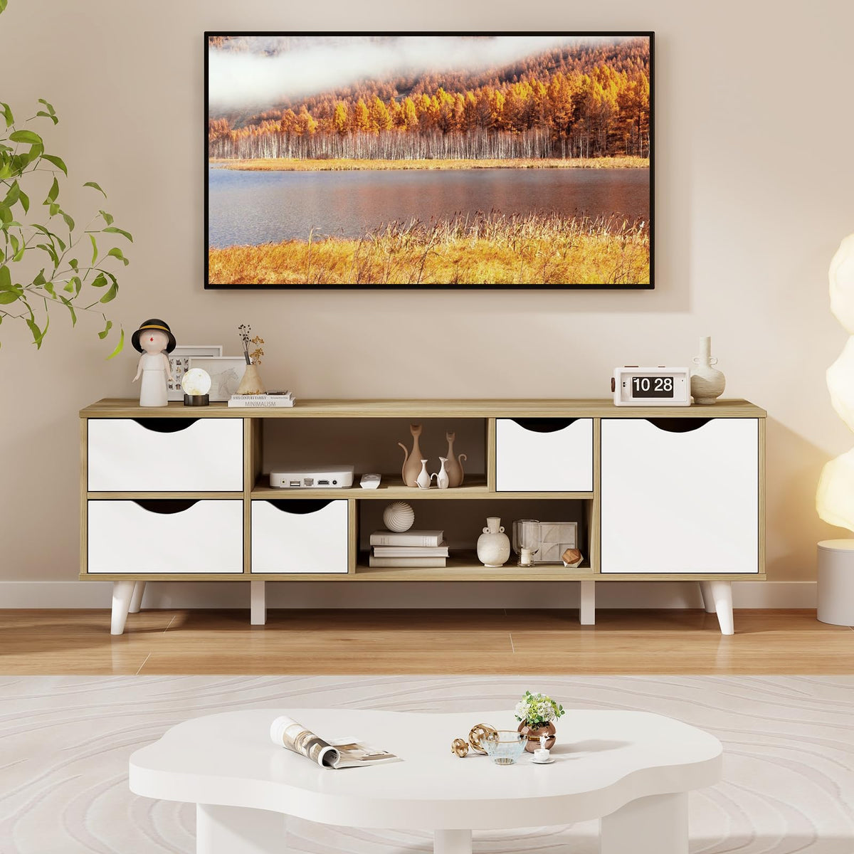 White TV Stand with 4 Drawers and 2 Open Shelves X7513