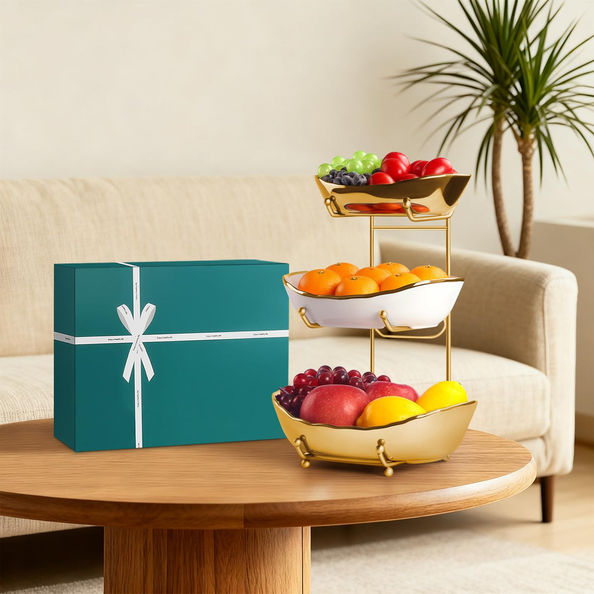 3 Tier Ceramic Fruit Bowl with Metal Stand W643565