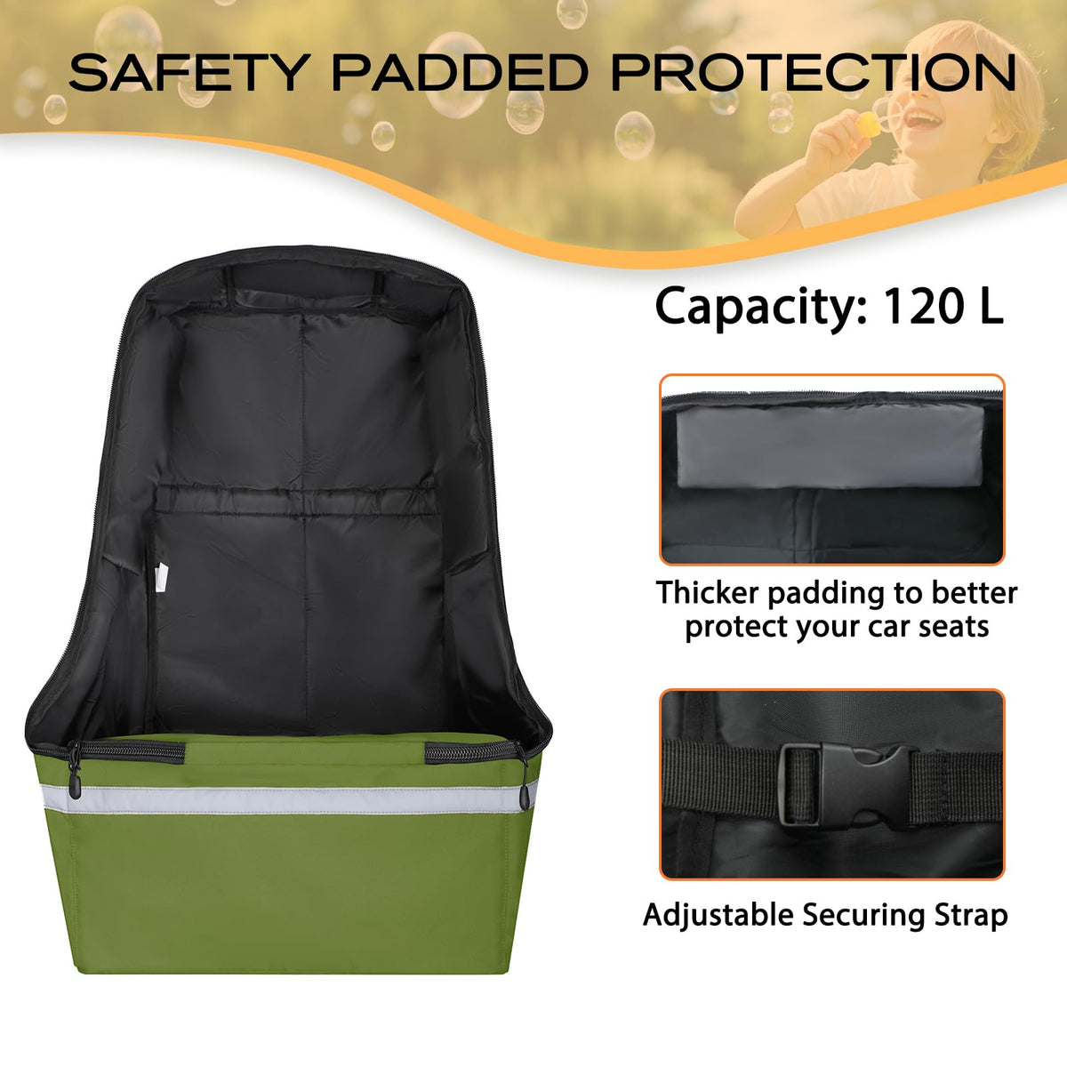 Green Padded Car Seat Travel Bag with Waist Belt U8225