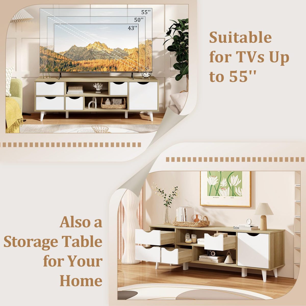 White TV Stand with 4 Drawers and 2 Open Shelves X7513