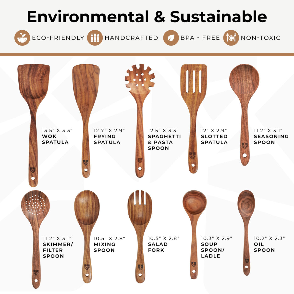 10 Pcs Non Toxic Teak Wooden Kitchen Utensils Set C8702