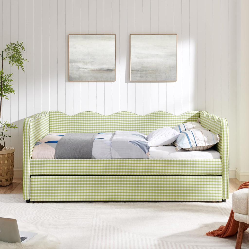 Green Gingham Full to King Upholstered Daybed with Trundle S6618