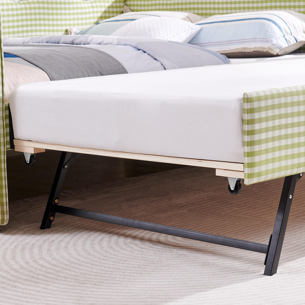 Green Gingham Full to King Upholstered Daybed with Trundle S6618