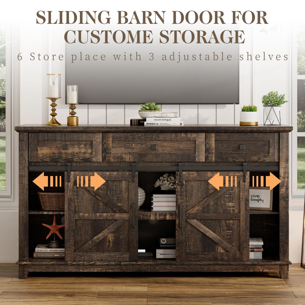59" Dark Rustic Oak Farmhouse TV Stand with Storage Drawers N64123