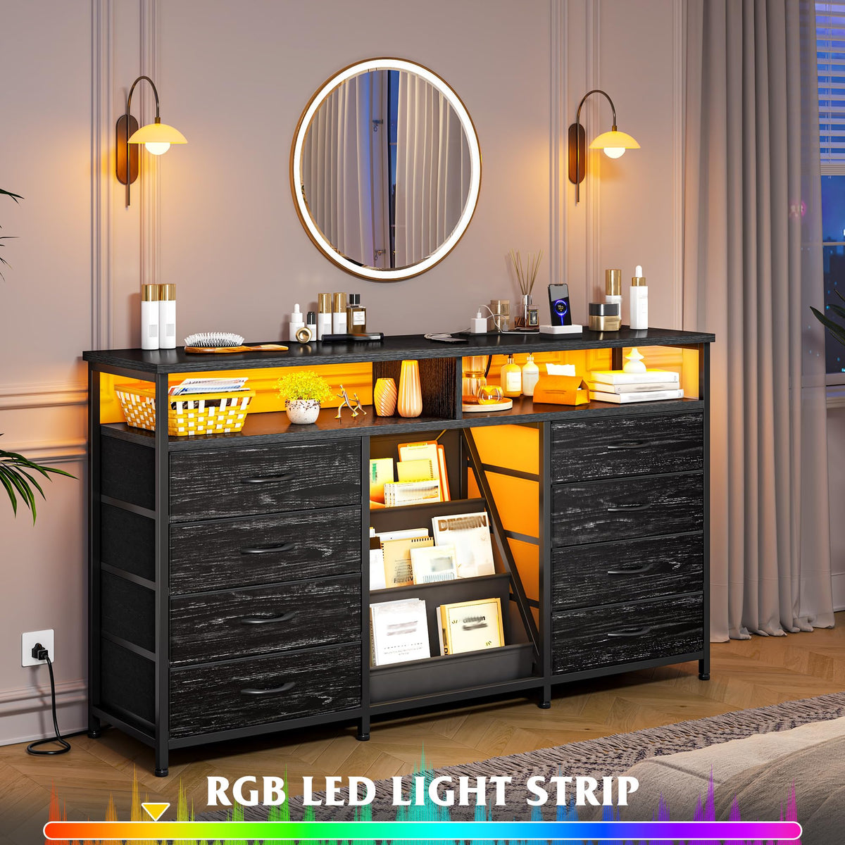 55" W LED Dresser with 8 Drawers & Power Outlet H3655