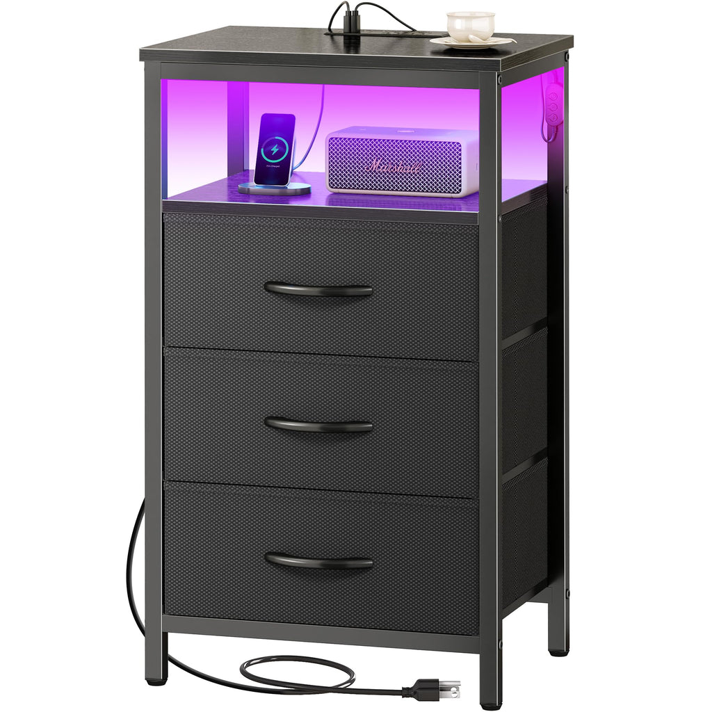 3 Drawer Nightstand with Charger Station and LED Lights O77337