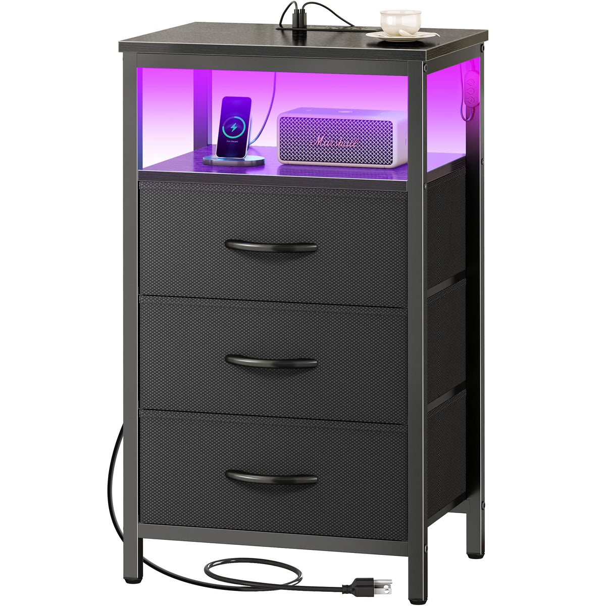 3 Drawer Nightstand with Charger Station and LED Lights O77337