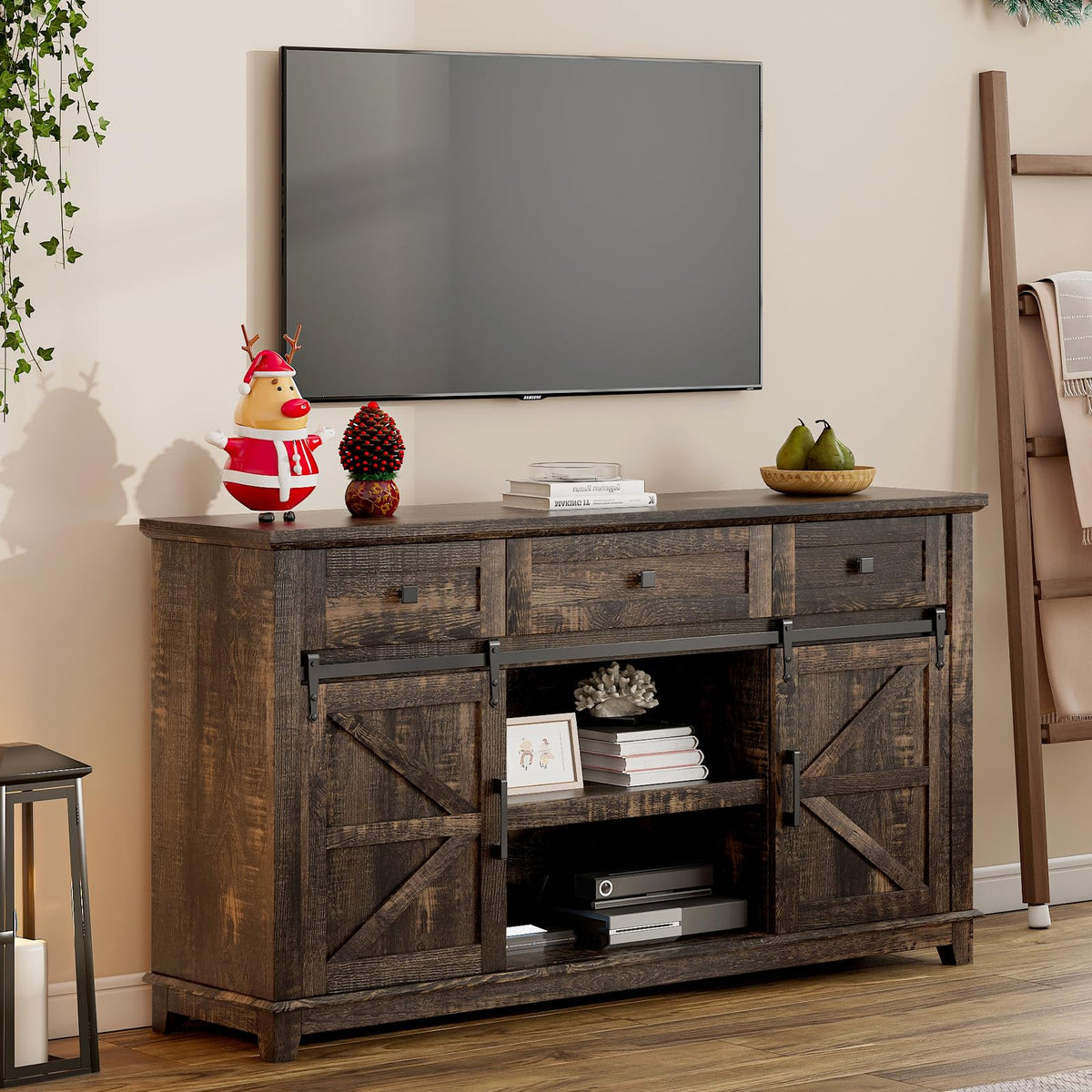 59" Dark Rustic Oak Farmhouse TV Stand with Storage Drawers N64123
