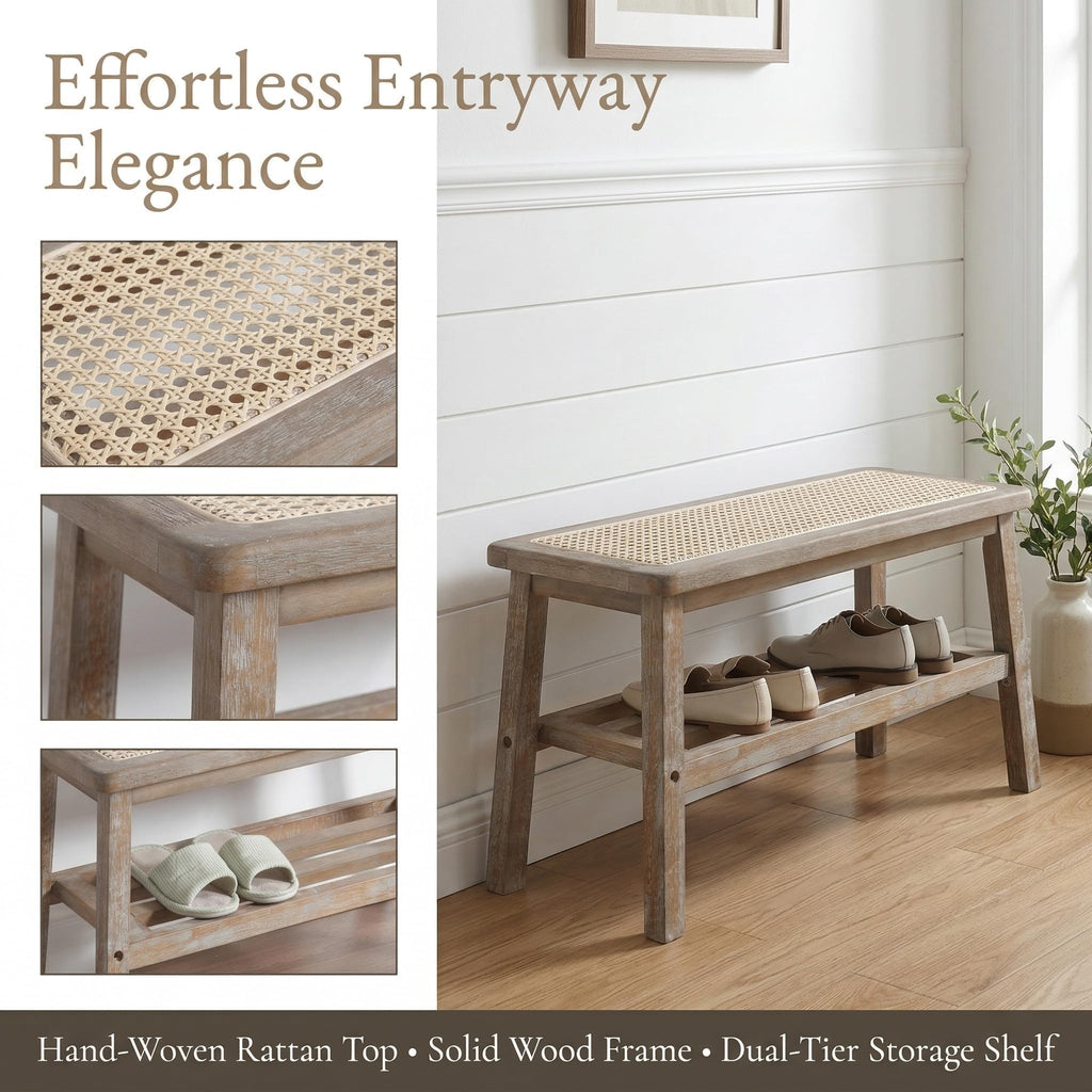 30 Inch Rattan Wooden Entryway Bench with Shoe Rack Y4470