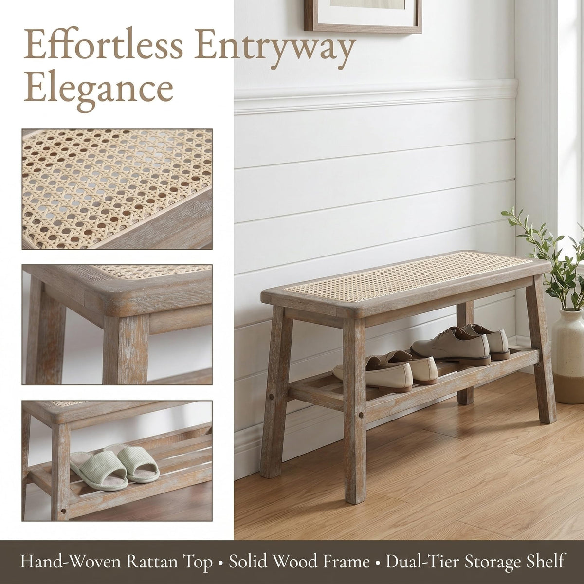 30 Inch Rattan Wooden Entryway Bench with Shoe Rack Y4470