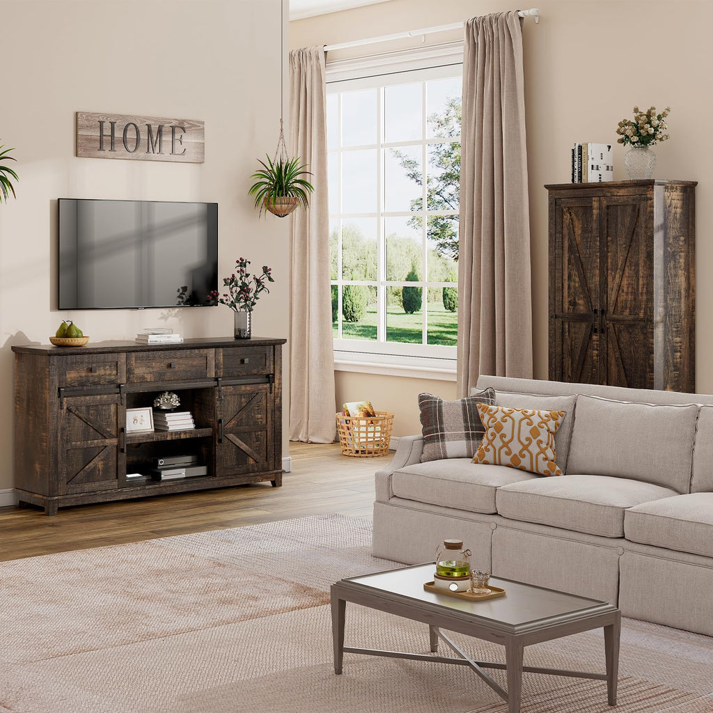 59" Dark Rustic Oak Farmhouse TV Stand with Storage Drawers N64123