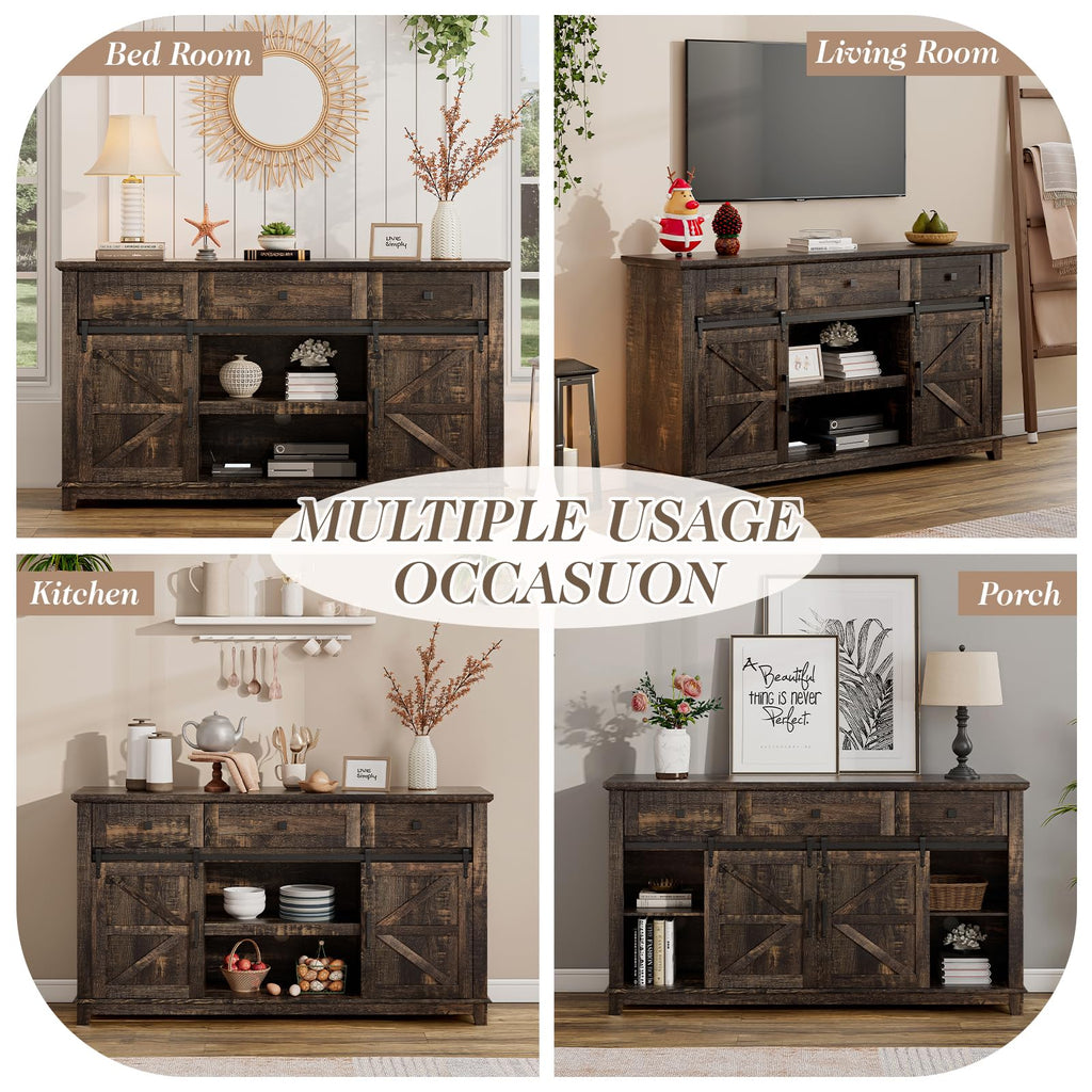 59" Dark Rustic Oak Farmhouse TV Stand with Storage Drawers N64123