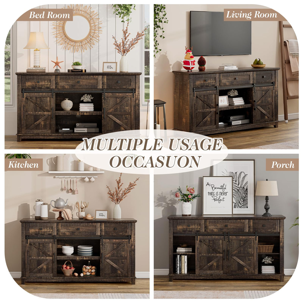 59" Dark Rustic Oak Farmhouse TV Stand with Storage Drawers N64123