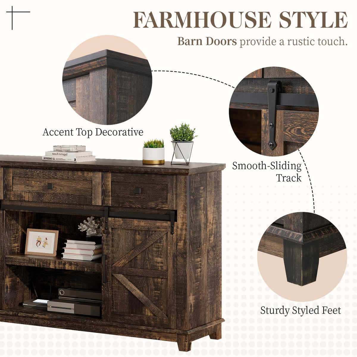 59" Dark Rustic Oak Farmhouse TV Stand with Storage Drawers N64123