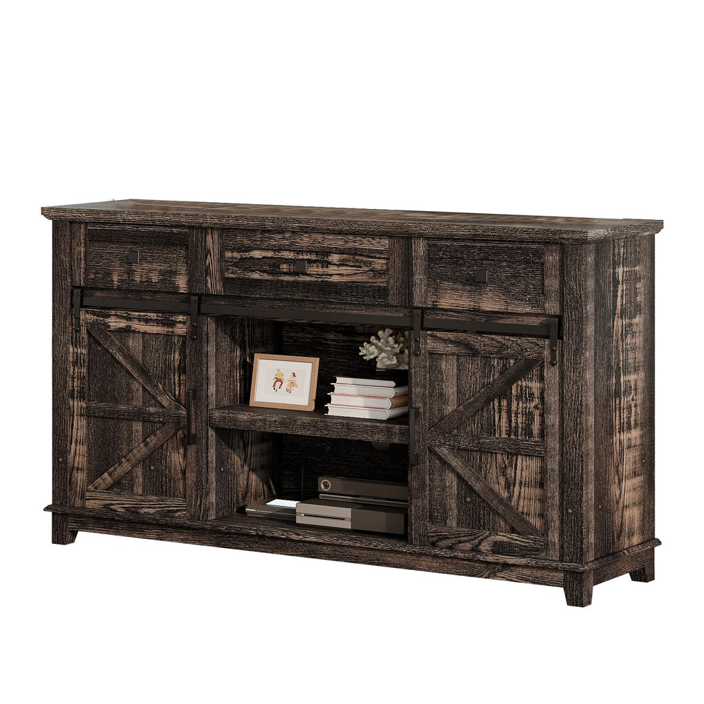 59" Dark Rustic Oak Farmhouse TV Stand with Storage Drawers N64123